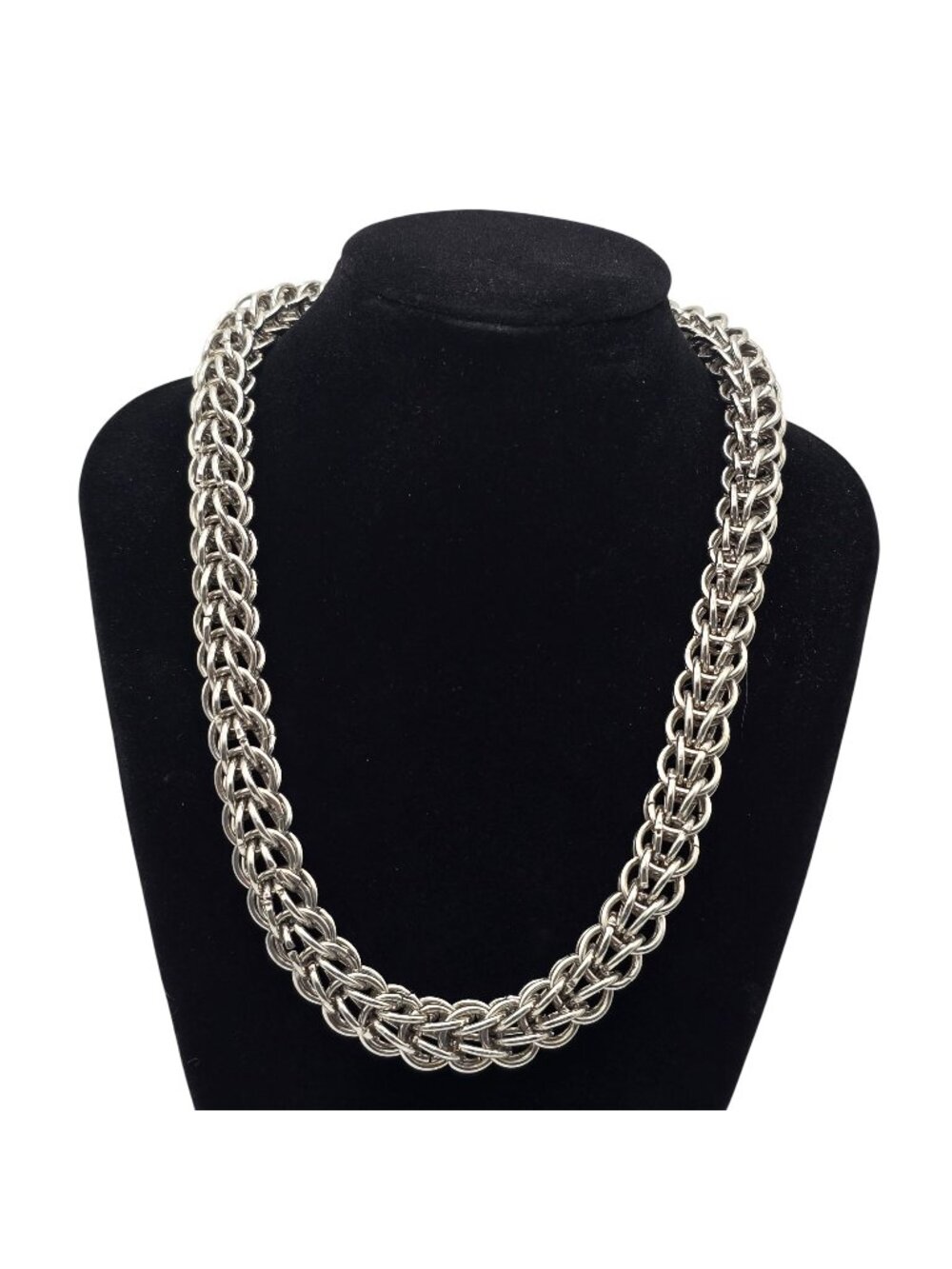 Chainmaille Byzantine Weave Necklace Silver Tone Adjustable Statement 18-20 inch